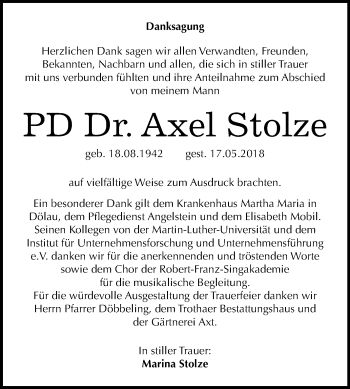 Traueranzeige von Axel Stolze von Mitteldeutsche Zeitung Halle/Saalkreis