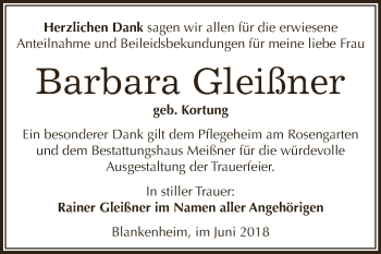 Traueranzeige von Barbara Gleißner von Super Sonntag SGH Mansf. Land