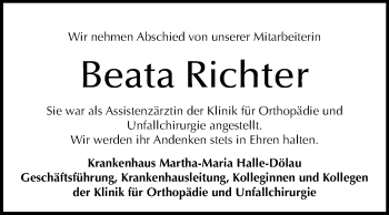 Traueranzeige von Beata Richter von Mitteldeutsche Zeitung Halle/Saalkreis