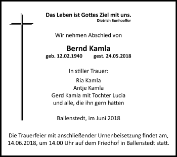 Traueranzeige von Bernd Kamla von Mitteldeutsche Zeitung Quedlinburg