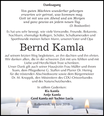 Traueranzeige von Bernd Kamla von Mitteldeutsche Zeitung Quedlinburg