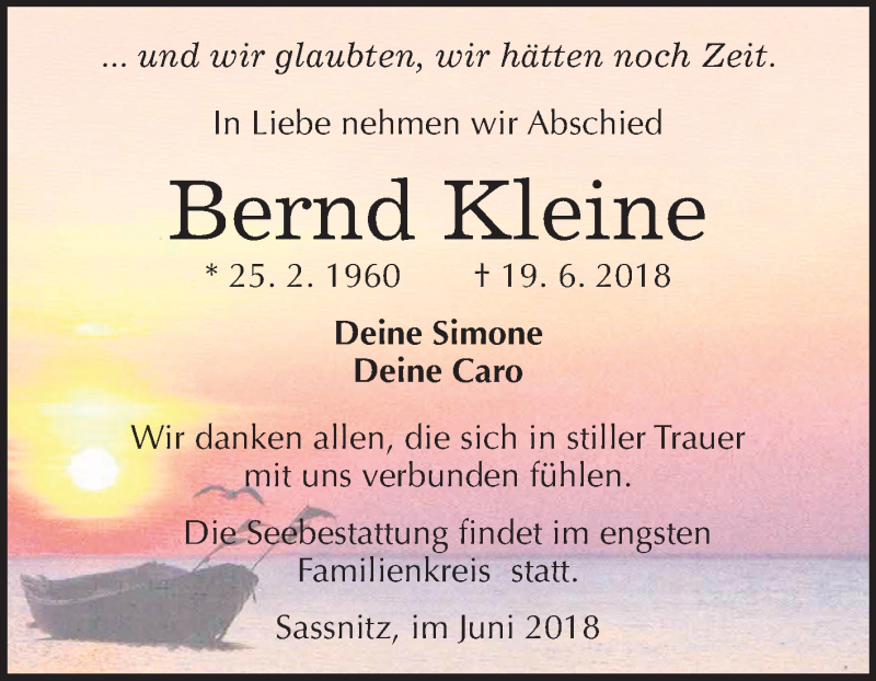  Traueranzeige für Bernd Kleine vom 30.06.2018 aus Mitteldeutsche Zeitung Köthen