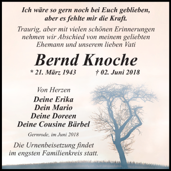 Traueranzeige von Bernd Knocke von Mitteldeutsche Zeitung Quedlinburg
