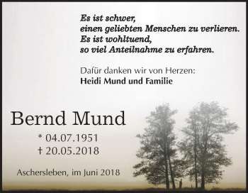 Traueranzeige von Bernd Mund von Mitteldeutsche Zeitung Aschersleben