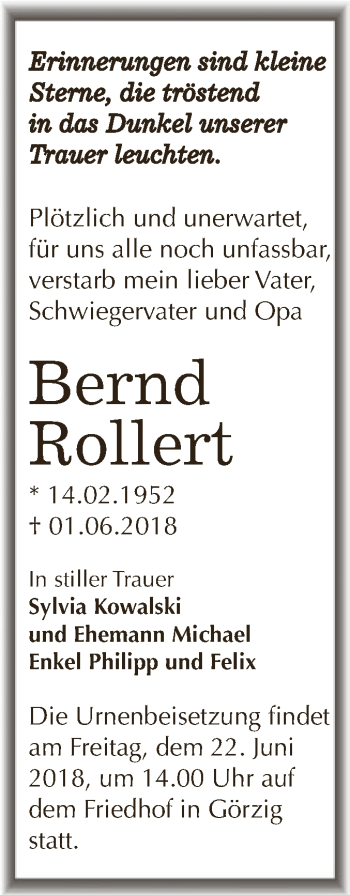 Traueranzeige von Bernd Rollert von WVG - Wochenspiegel Dessau / Köthen