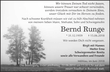 Traueranzeige von Bernd Runge von WVG - Wochenspiegel Bitterfeld