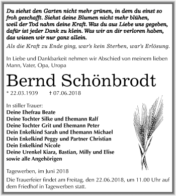 Traueranzeige von Bernd Schönbrodt von Mitteldeutsche Zeitung Weißenfels