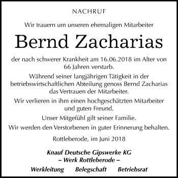 Traueranzeige von Bernd Zacharias von Mitteldeutsche Zeitung Sangerhausen