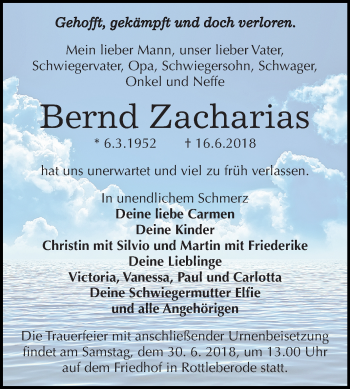 Traueranzeige von Bernd Zacharias von Mitteldeutsche Zeitung Sangerhausen