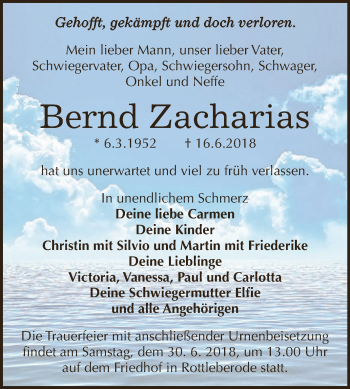 Traueranzeige von Bernd Zacharias von Super Sonntag SGH Mansf. Land