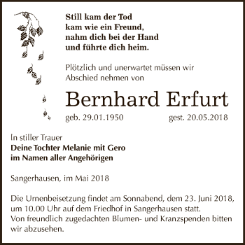 Traueranzeige von Bernhard Erfurt von Super Sonntag SGH Mansf. Land