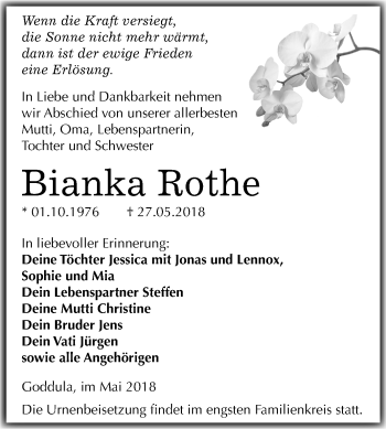 Traueranzeige von Bianka Rothe von Mitteldeutsche Zeitung Merseburg/Querfurt