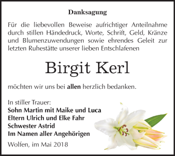 Traueranzeige von Birgit Kerl von Mitteldeutsche Zeitung Bitterfeld