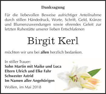 Traueranzeige von Birgit Kerl von WVG - Wochenspiegel Bitterfeld