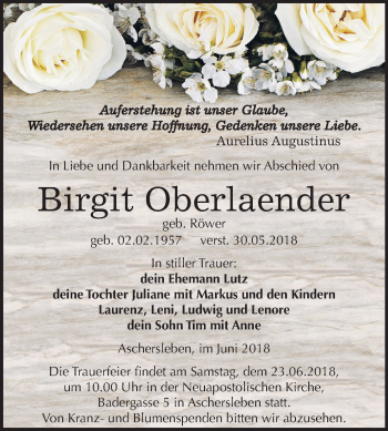 Traueranzeige von Birgit Oberlaender von Mitteldeutsche Zeitung Aschersleben