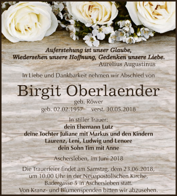 Traueranzeige von Birgit Oberlaender von Super Sonntag Aschersleben