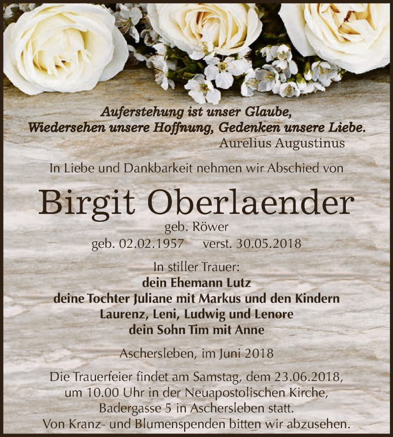  Traueranzeige für Birgit Oberlaender vom 13.06.2018 aus Super Sonntag Aschersleben