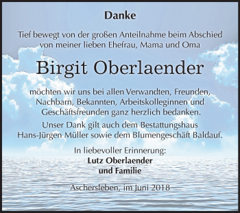 Traueranzeige von Birgit Oberlaender von Mitteldeutsche Zeitung Aschersleben