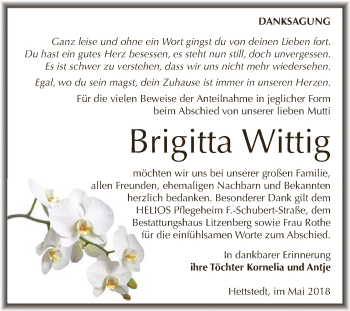 Traueranzeige von Brigitta Wittig von Wochenspiegel Mansfelder Land