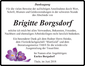Traueranzeige von Brigitte Borgsdorf von Mitteldeutsche Zeitung Quedlinburg