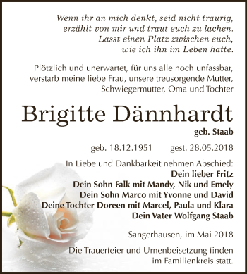 Traueranzeige von Brigitte Dännhardt von Super Sonntag SGH Mansf. Land