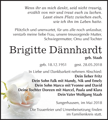 Traueranzeige von Brigitte Dännhardt von Mitteldeutsche Zeitung