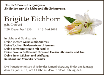 Traueranzeige von Brigitte Eichhorn von WVG - Wochenspiegel NMB / WSF / ZTZ
