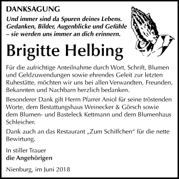 Traueranzeige von Brigitte Helbing von Mitteldeutsche Zeitung Bernburg