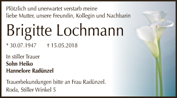 Traueranzeige von Brigitte Lochmann von Super Sonntag Zeitz