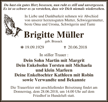 Traueranzeige von Brigitte Müller von WVG - Wochenspiegel Dessau / Köthen