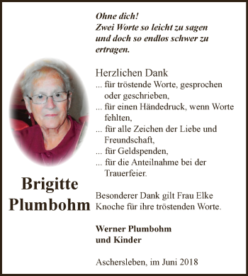 Traueranzeige von Brigitte Plumbohm von Super Sonntag Aschersleben