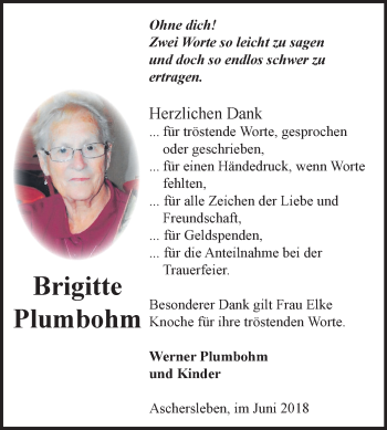 Traueranzeige von Brigitte Plumbohm von Mitteldeutsche Zeitung Aschersleben