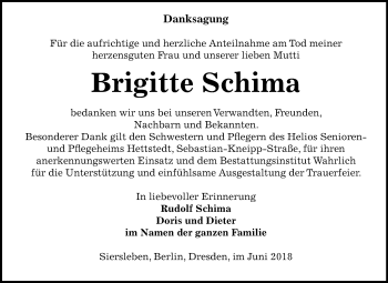 Traueranzeige von Brigitte Schima von Mitteldeutsche Zeitung