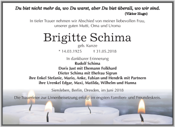 Traueranzeige von Brigitte Schima von Mitteldeutsche Zeitung