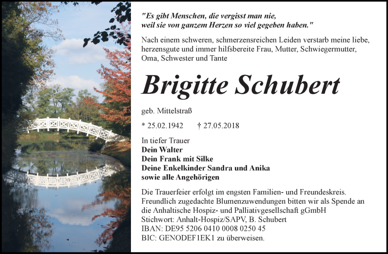  Traueranzeige für Brigitte Schubert vom 09.06.2018 aus Mitteldeutsche Zeitung Bitterfeld