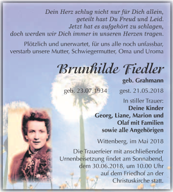 Traueranzeige von Brunhilde Fiedler von WVG - Wochenspiegel Wittenberg