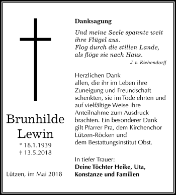 Traueranzeige von Brunhilde Lewin von Mitteldeutsche Zeitung Weißenfels