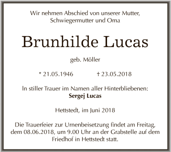 Traueranzeige von Brunhilde Lucas von Super Sonntag SGH Mansf. Land