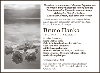Traueranzeige von Bruno Hanka von WVG - Wochenspiegel Dessau / Köthen
