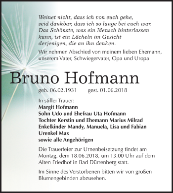 Traueranzeige von Bruno Hofmann von Mitteldeutsche Zeitung Merseburg/Querfurt