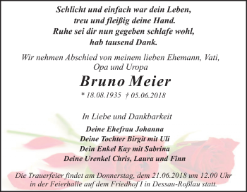 Traueranzeige von Bruno Meier von Mitteldeutsche Zeitung Dessau-Roßlau