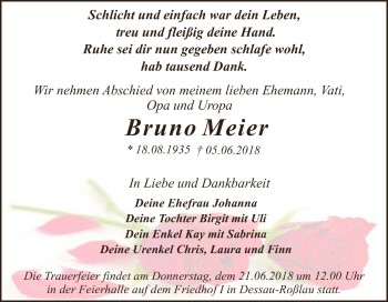 Traueranzeige von Bruno Meier von WVG - Wochenspiegel Dessau / Köthen