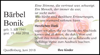 Traueranzeige von Bärbel Bonik von Mitteldeutsche Zeitung Quedlinburg