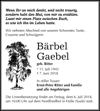 Traueranzeige von Bärbel Gaebel von Mitteldeutsche Zeitung