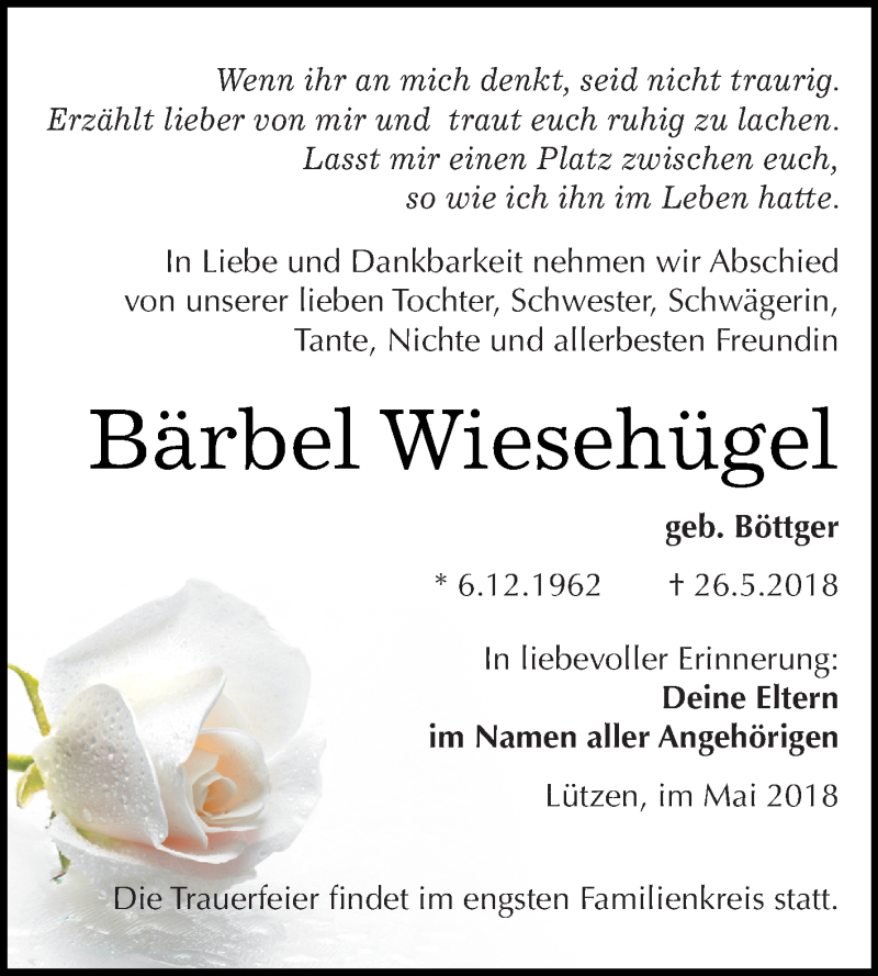  Traueranzeige für Bärbel Wiesehügel vom 06.06.2018 aus Super Sonntag Merseburg