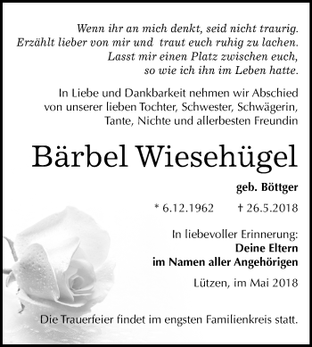 Traueranzeige von Bärbel Wiesehügel von Mitteldeutsche Zeitung Weißenfels