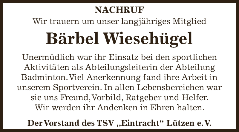  Traueranzeige für Bärbel Wiesehügel vom 13.06.2018 aus WVG - Wochenspiegel NMB / WSF / ZTZ