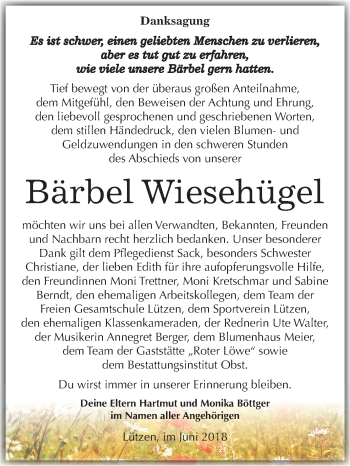 Traueranzeige von Bärbel Wiesehügel von Mitteldeutsche Zeitung Weißenfels