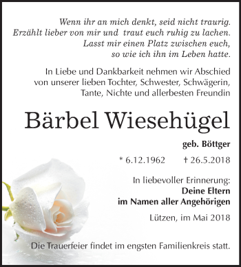 Traueranzeige von Bärbel Wiesehügel von Mitteldeutsche Zeitung Weißenfels