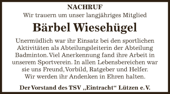 Traueranzeige von Bärbel Wiesehügel von WVG - Wochenspiegel NMB / WSF / ZTZ